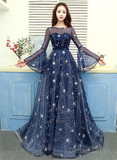 A-Line Navy Blue Round Neckline Long Party Dress, Navy Blue Long Prom Dress
